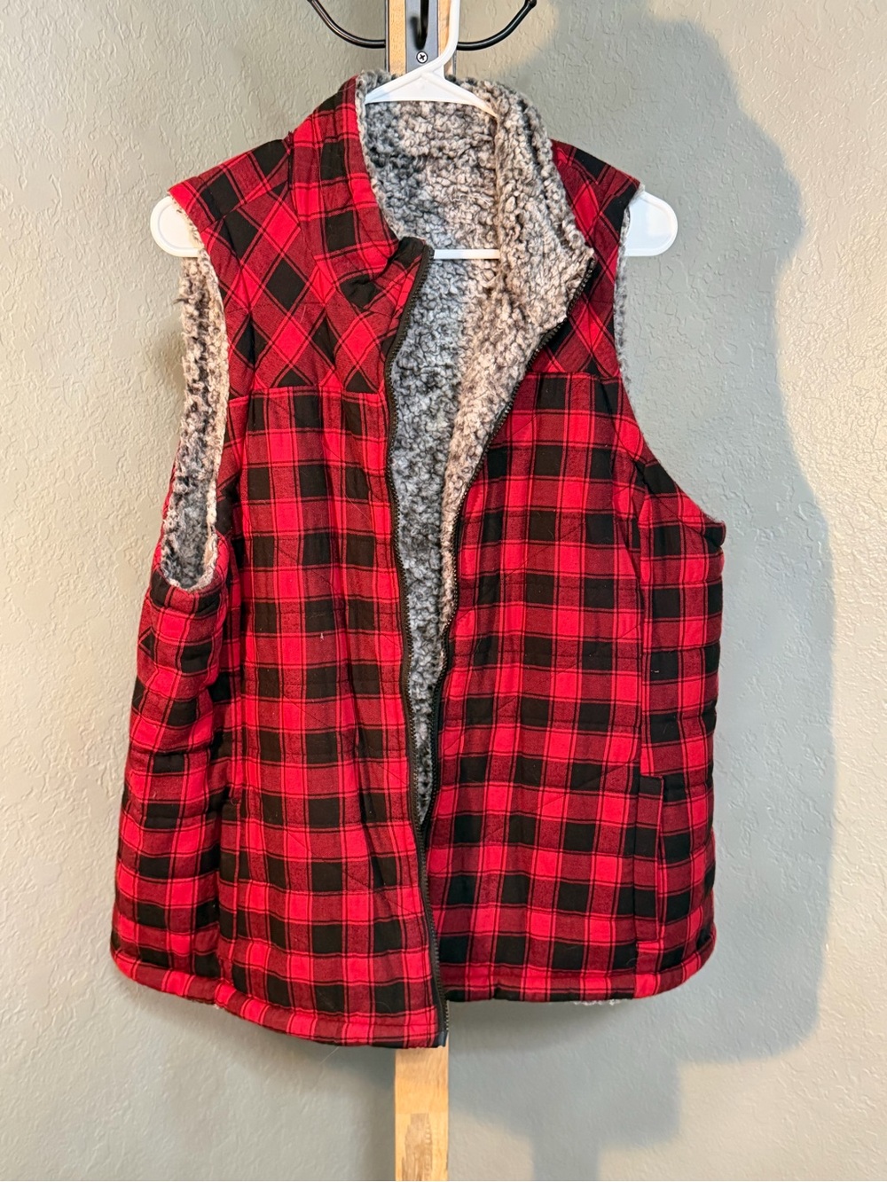 Maurices Red and Black Plaid Sherpa-Lined Vest